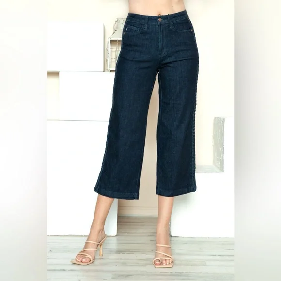 Judy Blue Side Seam Braid Detail Crop Wide Leg Jeans - Picture 6 of 7